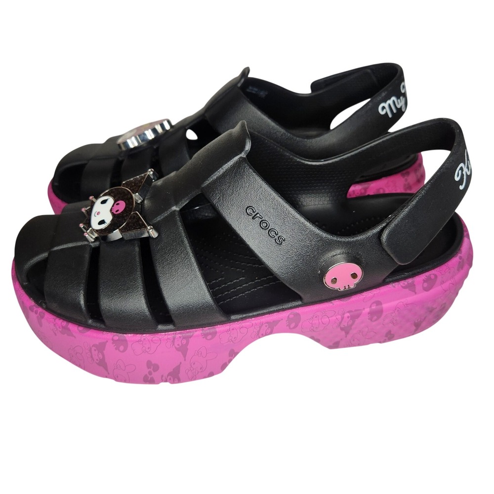 CROCS Sandals W9 M11 Black Pink Platform Hello Kitty Kuromi Whimsigoth NEW - Picture 4 of 7